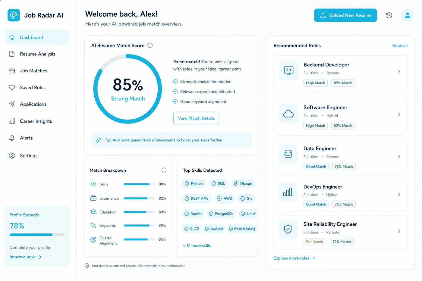 Job Radar AI resume match score interface