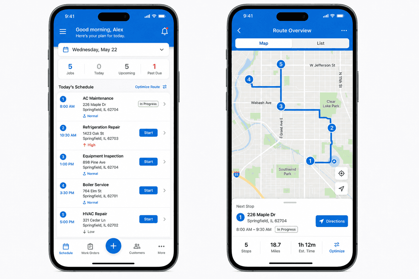 ServiceOS field technician mobile route view